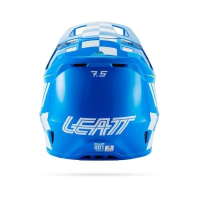 Capacete de motocross azul com detalhes brancos e texto LEATT na parte traseira