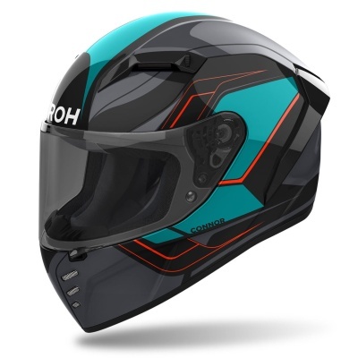 Capacete integral preto com detalhes azul turquesa e laranja, visor transparente e texto AIROH