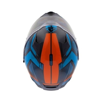 Capacete de moto integral colorido azul, laranja e preto visto de cima