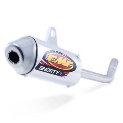 Escape de moto FMF Shorty em metal prateado com ponta preta e etiqueta colorida