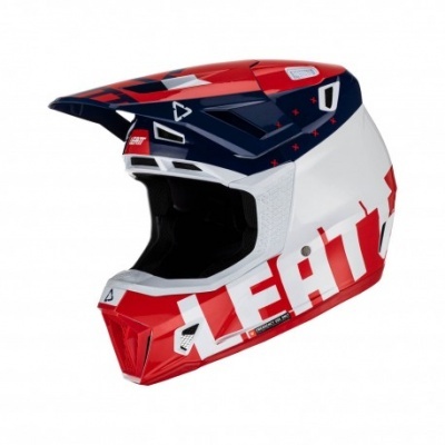 Capacete integral LEATT vermelho, azul e branco com ventilação