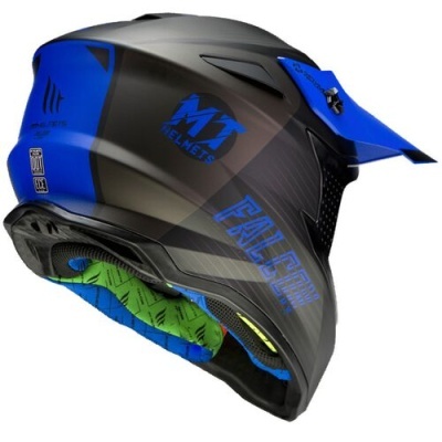 Capacete de motocross preto e azul com textos MT HELMETS e FALCON GRAPHICS
