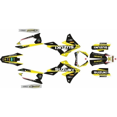 Autocolantes para mota Suzuki em preto, amarelo e branco com várias marcas e logótipos.