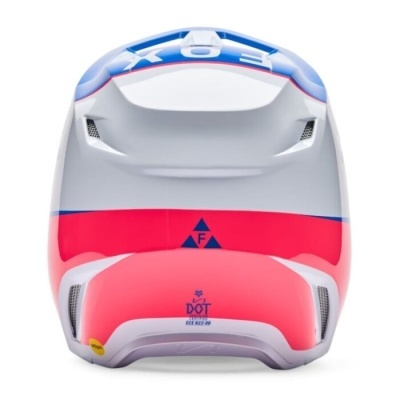 Capacete de motocross azul, branco e rosa com ventilação e logotipos