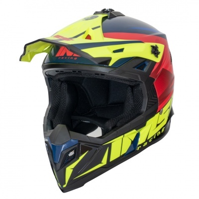 Capacete integral de motocross amarelo, vermelho, preto e azul com ventilação e interior acolchoado