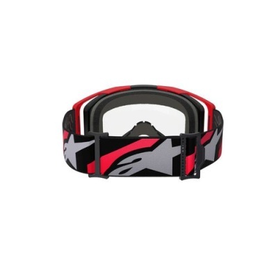 Óculos de proteção para motocross com cinta vermelha, cinza e preta e armação preta