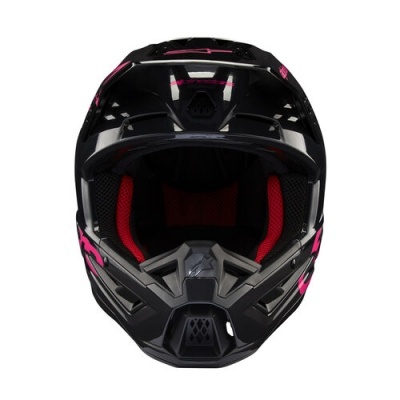 Capacete de motocross preto com detalhes rosa e interior vermelho acolchoado