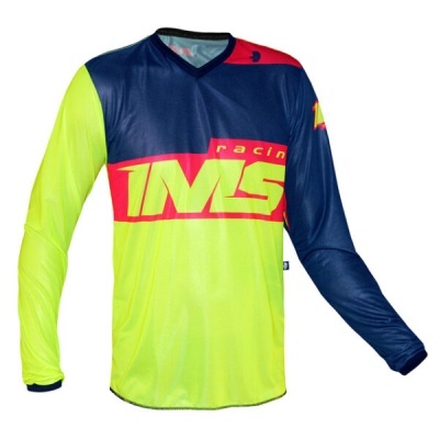 Camisola desportiva bicolor amarelo fluorescente e azul escuro com detalhes vermelhos e texto AMS racing.