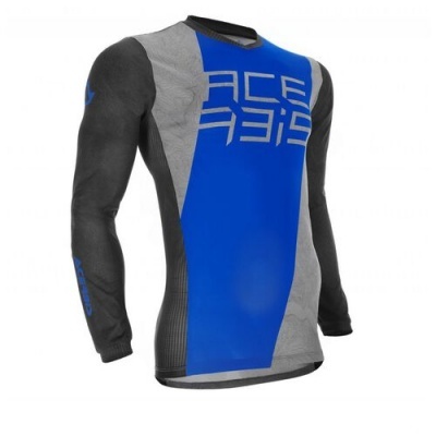 Camisola desportiva azul, cinzenta e preta de manga comprida com texto Acerbis