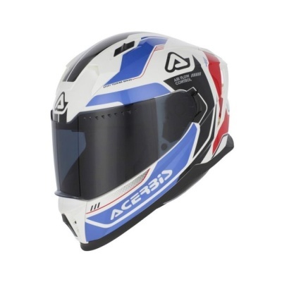 Capacete motociclista integral branco azul vermelho com viseira escura e logo ACERBIS