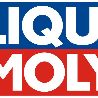Logotipo LIQUI MOLY em fundo azul e vermelho com letras brancas