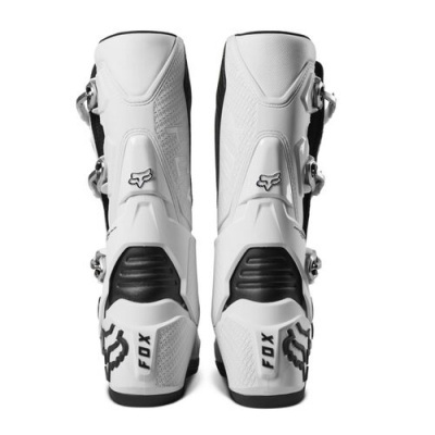 Botas motorizadas Fox Racing brancas e pretas com fivelas e logos