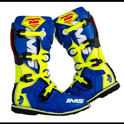 Botas IMS motocross azul, amarelo e preto com fechos rápidos e logótipos