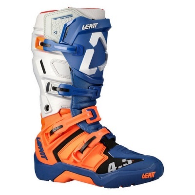Bota motocross Leatt azul, branco e laranja com fivelas ajustáveis.