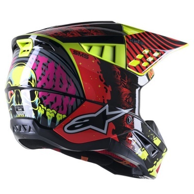 Capacete motocross colorido com texto SMS e logotipo Alpinestars