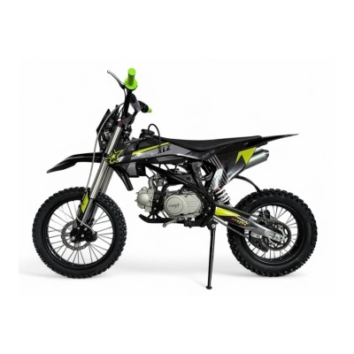 Moto de motocross preta com detalhes amarelos e verdes e motor cc 110