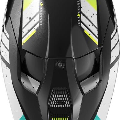 Capacete motocross preto com detalhes verde e amarelo