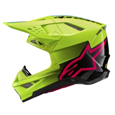 Capacete integral motocross verde fluorescente, preto e rosa com visor e aberturas de ventilação