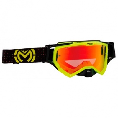 Óculos de proteção amarelos com lente refletora e cinta preta com padrão amarelo