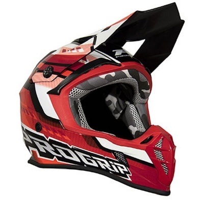Capacete vermelho de motocross com texto PROGRIP preto e branco