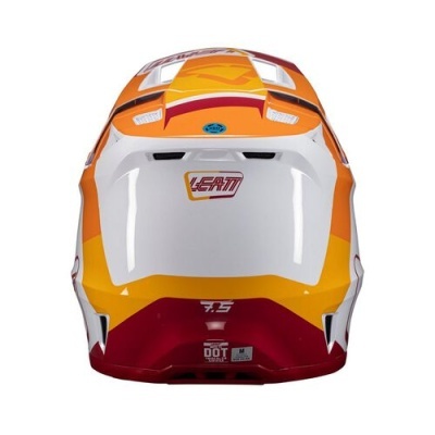 Capacete Motocross Leatt em cores laranja, branco e vermelho visto por trás