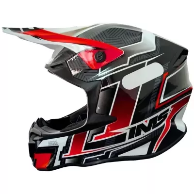 Capacete integral vermelho, preto e branco com visor e gráficos