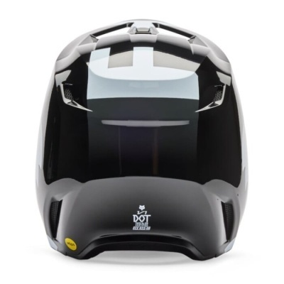 Capacete preto e branco com visor espelhado visto de trás