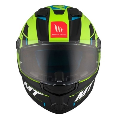 Capacete integral preto, verde néon e azul com viseira transparente e texto MT HELMETS