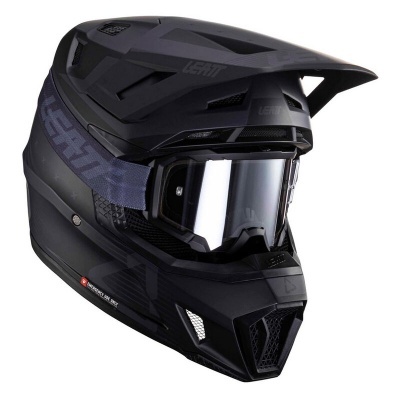 Capacete integral preto com óculos de proteção e cinta elástica azul escura LEATT