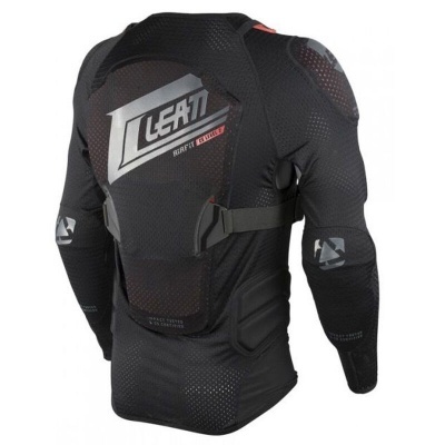 Colete protetor preto com texto LEATT e detalhes em cinza e vermelho