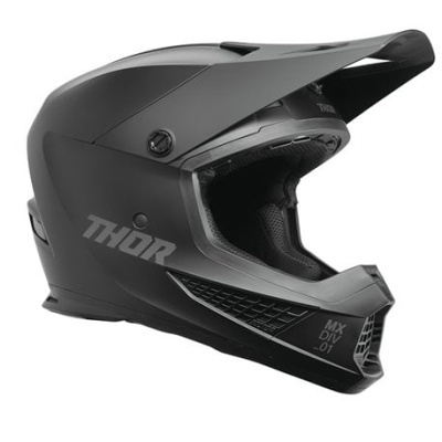 Capacete integral preto mate para motocross com texto THOR e MX DIV 01