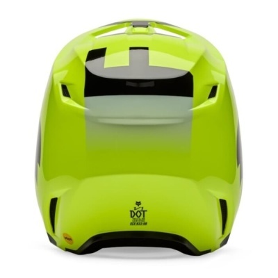 Capacete verde fluorescente com detalhes em preto e cinzento visto de trás