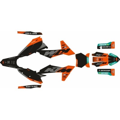 Conjunto de adesivos para moto KTM em preto, laranja e branco com textos e padrões gráficos