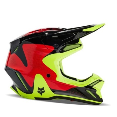 Capacete integral vermelho, preto e verde neon para motocross com logotipo Fox
