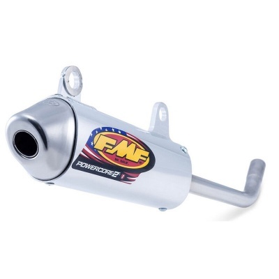 Escape de motocicleta FMF Powercore 2 em metal prateado com logo colorido