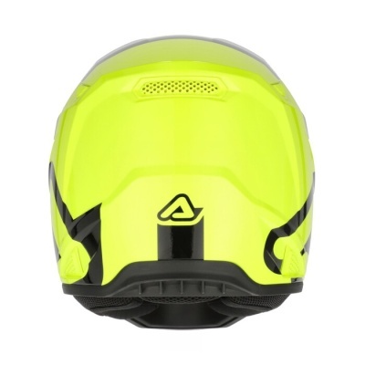 Capacete amarelo fluorescente com detalhes pretos visto por trás