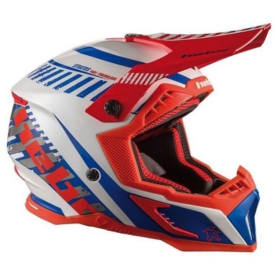Capacete motocross branco, vermelho e azul com interior acolchoado