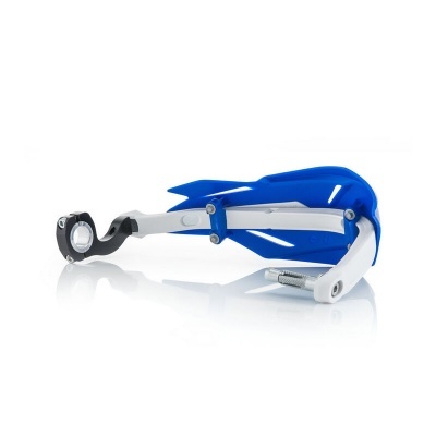 Protetor de mãos azul e prateado para motocicleta sobre fundo branco