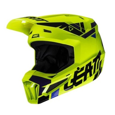 Capacete integral motocross amarelo fluorescente com detalhes a preto e azul