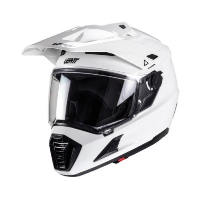 Capacete integral branco com viseira transparente e detalhes negros da marca LEATT