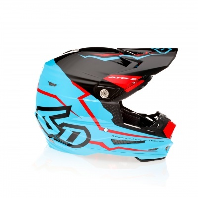 Capacete de motocross azul, preto e vermelho com texto ATTACK e logotipo 6D