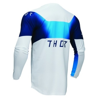 Camisola desportiva de manga comprida azul, branco e preto com texto 'TH 07'