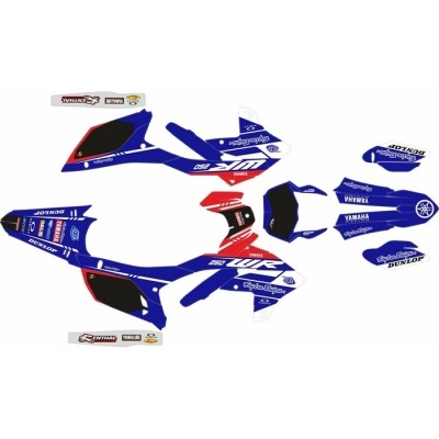 Conjunto de autocolantes para moto azul, vermelho, branco e preto com logos e textos