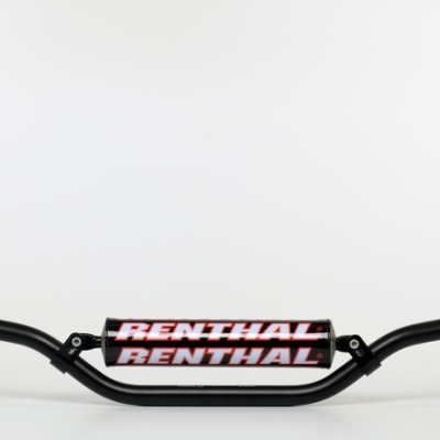 Guiador de moto preto com almofada com texto RENTHAL em vermelho e branco