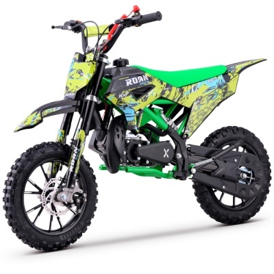 Motocross infantil verde e preto com texto ROAN RACING RXF 49cc.