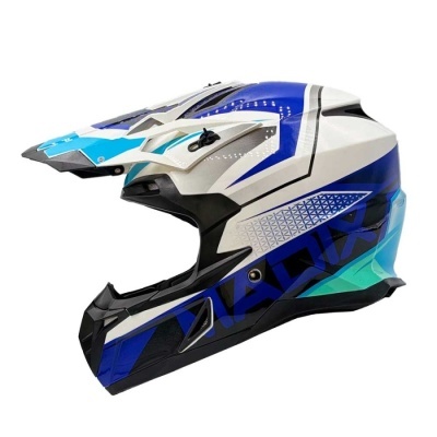 Capacete integral azul, branco e preto com detalhes turquesa
