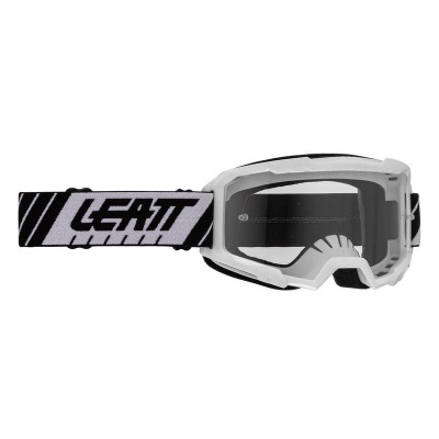 Óculos de proteção motard com armação branca e cinta elástica preta e branca com texto LEATT