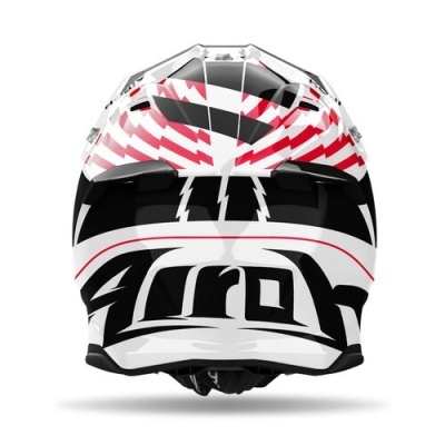 Capacete de motocross branco, preto e vermelho com texto Airoh