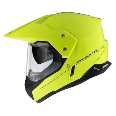 Capacete de moto amarelo fluorescente com viseira transparente e texto MT HELMETS