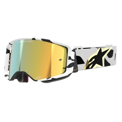 Óculos de proteção com lente espelhada amarela e faixa ajustável com logotipo